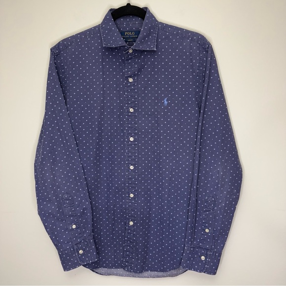 Polo Ralph Lauren Men’s Long Sleeve Button‎ Up Shirt Blue Geometric Medium - Picture 1 of 5